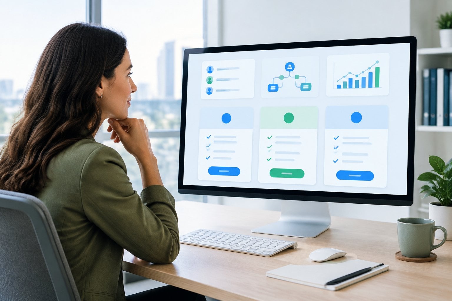 A business professional compares software pricing options on a computer.