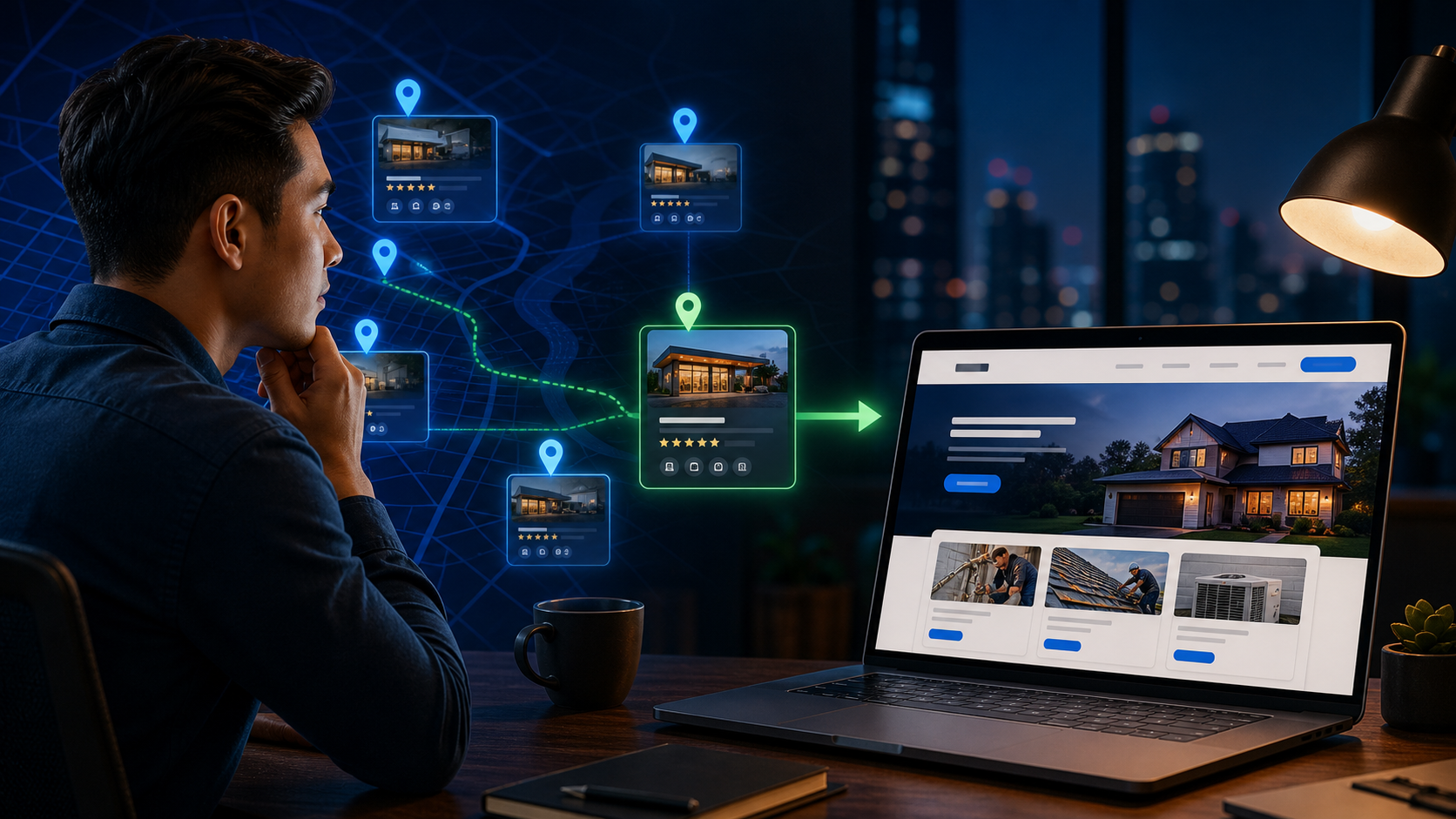 Man at a desk examines digital property cards linked by a blue map toward a laptop showing a house listing.
