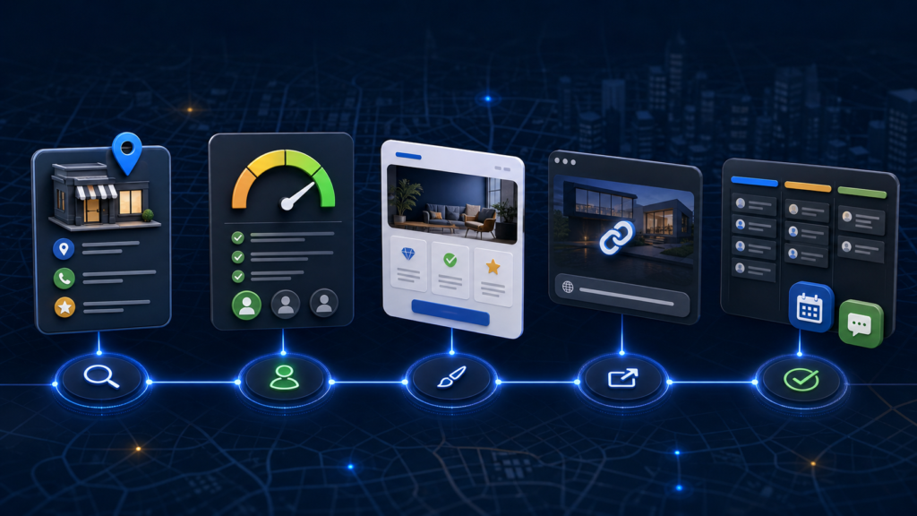 Illustration of a real estate app workflow with five connected UI panels showing listings, metrics, property details, sharing, and scheduling.