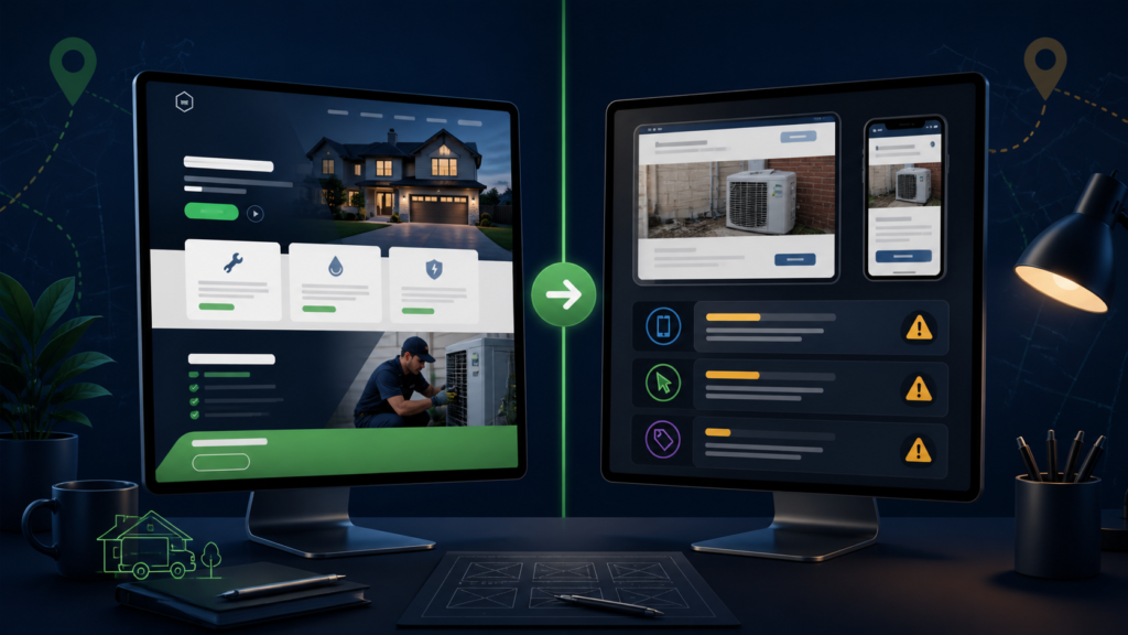 Two computer monitors on a dark desk show a side-by-side split-screen: left with a home design UI, right with an HVAC dashboard, separated by a glowing green divider.